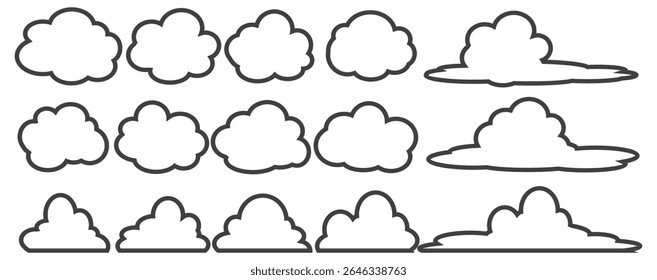 Collection of cloud illustrations in outline style. Vector set of cartoon clouds in flat design.Cloud.