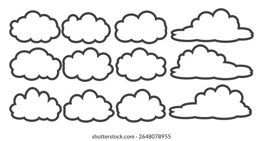 Collection of cloud illustrations in outline style. Vector set of cartoon clouds in flat design.Cloud.