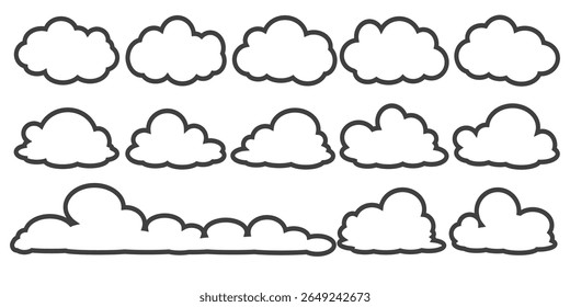 Collection of cloud illustrations in outline style. Vector set of cartoon clouds in flat design.Cloud.