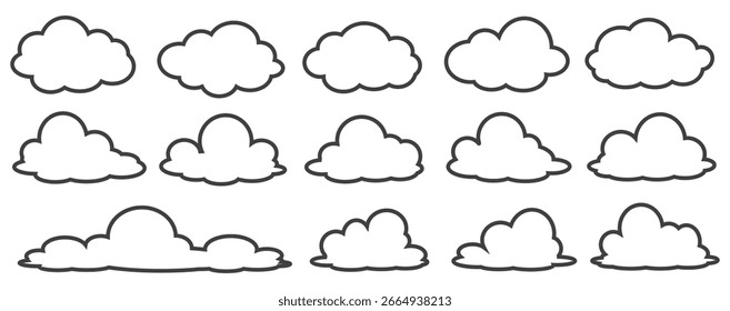 Colección de ilustraciones de nubes en estilo de contorno. Conjunto de Vector de nubes de dibujos animados en diseño plano.