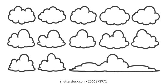 Colección de ilustraciones de nubes en estilo de contorno. Conjunto de Vector de nubes de dibujos animados en diseño plano.