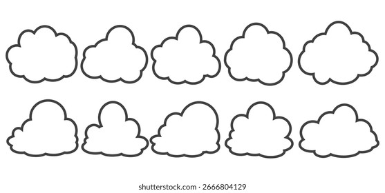 Collection of cloud illustrations in outline style. Vector set of cartoon clouds in flat design.Cloud.