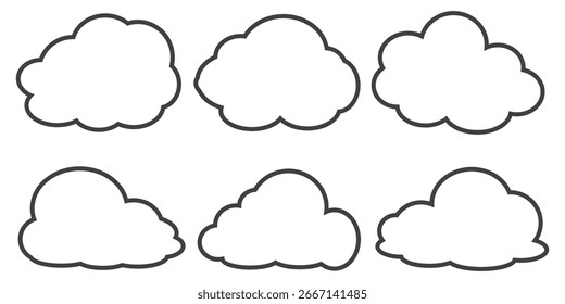 Colección de ilustraciones de nubes en estilo de contorno. Conjunto de Vector de nubes de dibujos animados en diseño plano.