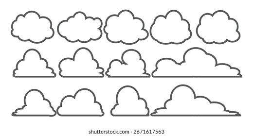Colección de ilustraciones de nubes en estilo de contorno. Conjunto de Vector de nubes de dibujos animados en diseño plano.