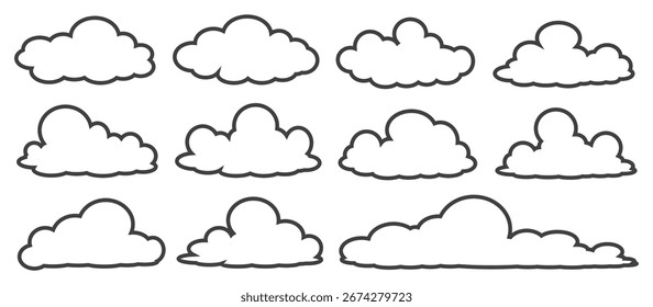 Colección de ilustraciones de nubes en estilo de contorno. Conjunto de Vector de nubes de dibujos animados en diseño plano.