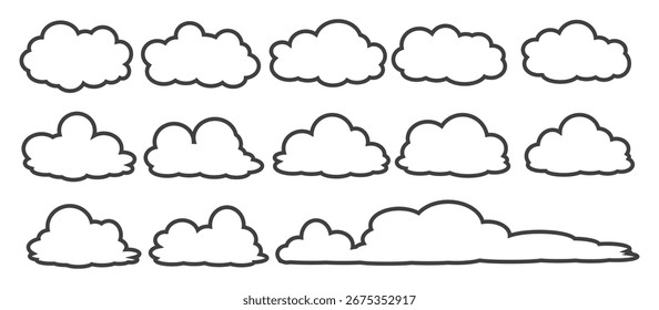 Collection of cloud illustrations in outline style. Vector set of cartoon clouds in flat design.Cloud.