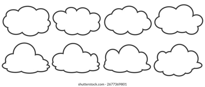 Colección de ilustraciones de nubes en estilo de contorno. Conjunto de Vector de nubes de dibujos animados en diseño plano.