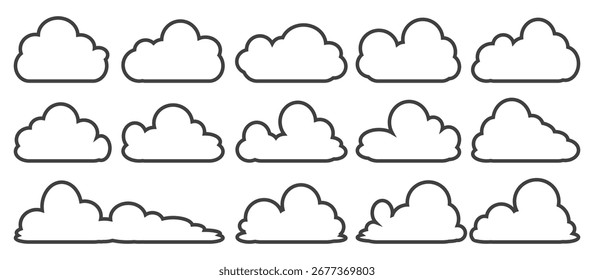 Colección de ilustraciones de nubes en estilo de contorno. Conjunto de Vector de nubes de dibujos animados en diseño plano.