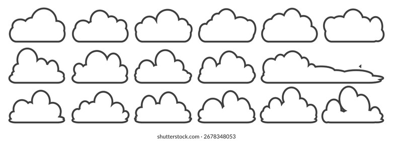 Collection of cloud illustrations in outline style. Vector set of cartoon clouds in flat design.Cloud.