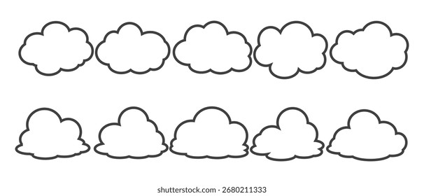 Collection of cloud illustrations in outline style. Vector set of cartoon clouds in flat design.Cloud.