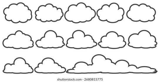 Collection of cloud illustrations in outline style. Vector set of cartoon clouds in flat design.Cloud.