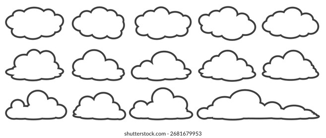 Colección de ilustraciones de nubes en estilo de contorno. Conjunto de Vector de nubes de dibujos animados en diseño plano.