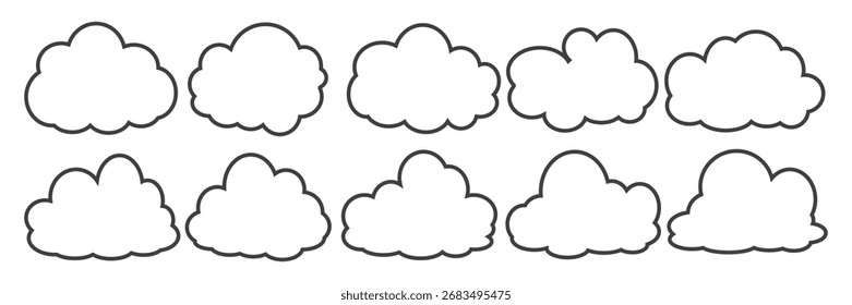 Collection of cloud illustrations in outline style. Vector set of cartoon clouds in flat design.Cloud.