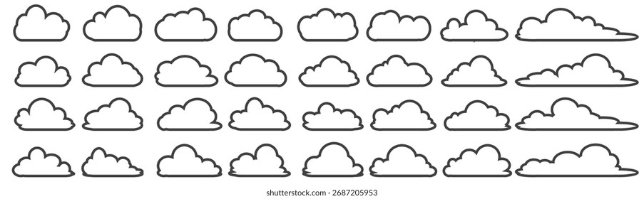 Collection of cloud illustrations in outline style. Vector set of cartoon clouds in flat design.Cloud.