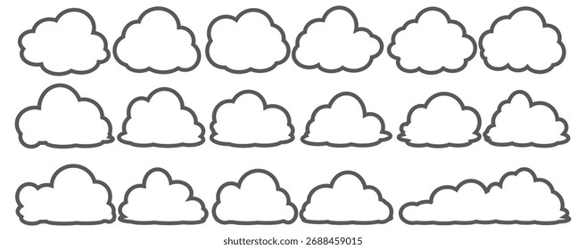 Collection of cloud illustrations in outline style. Vector set of cartoon clouds in flat design.Cloud.