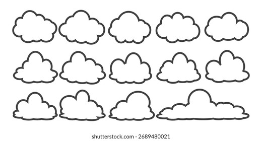 Coleção de ilustrações em nuvem no estilo de estrutura de tópicos. Vetor conjunto de nuvens de desenhos animados em design plano.Nuvem.