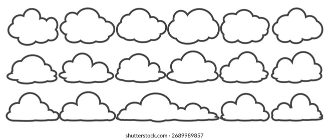 Collection of cloud illustrations in outline style. Vector set of cartoon clouds in flat design.Cloud.