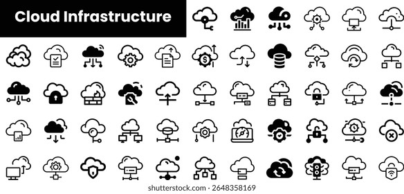 A collection of cloud infrastructure icons in black and white, illustrating various aspects of cloud computing, database management, and data transfer processes.