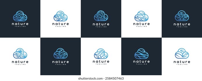 Collection of cloud logo designs with nature leaves. Cloud nature logo design vector icon.