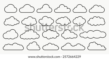 Collection of cloud outlines in various shapes. Cloud shapes in rows. Simple cloud designs. Cloud outlines for design. Weather illustration, vector set.