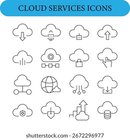 Colección de iconos de servicios en la nube que representan varias funciones