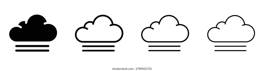 Collection of cloud symbols in solid black and outline styles, indicating foggy or misty weather conditions
