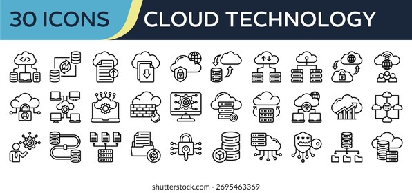 Sammlung von Cloud-Technologie-Symbole, die sich auf Server, Datensynchronisierung, Cloud-Sicherheit, Cloud-Computing, Cloud Analytics und mehr beziehen. Gliederungssymbole, Vektorgrafik.