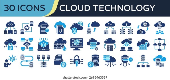 Colección de íconos de Tecnología en la nube, relacionados con el servidor, sincronización de datos, seguridad en la nube, computación en la nube, análisis en la nube y más. Ilustración de Vector de iconos sólidos.