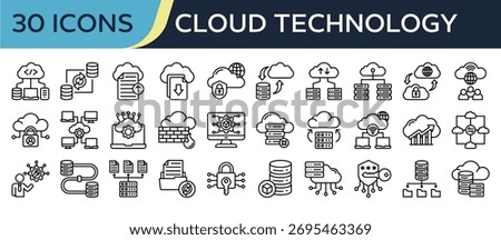 Collection of Cloud Technology icons, related to server, data sync, Cloud Security, Cloud Computing, Cloud Analytics and more. Outline icons vector illustation.