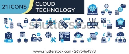 Collection of Cloud Technology icons, related to System Backup, Remote Access, Data Migration, Access Control, Authentication and more. Solid icons vector illustation.