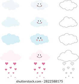 A collection of cloud type illustrations featuring a variety of cloud formations commonly seen in nature and weather forecasting. This set includes realistic and simplified cloud shapes suitable for educational materials, meteorology, climate presentations, infographics, maps, websites, mobile apps, and graphic design projects. Clean vector-style illustrations make it easy to communicate weather concepts and atmospheric conditions.