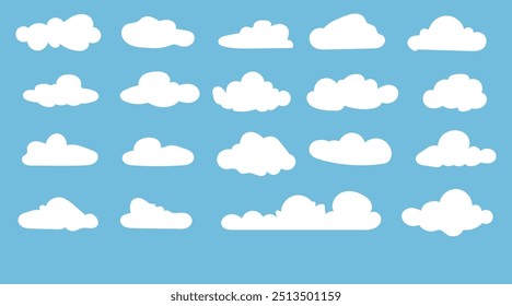 Collection of clouds cartoonish Vector illustration with blue background.