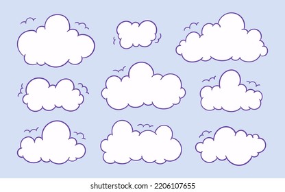 Colección de nubes al estilo de dibujos animados de doodle aislados en un fondo azul. ilustración vectorial