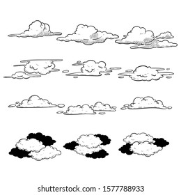 Collection of Clouds in Hand Drawn Style on White Background