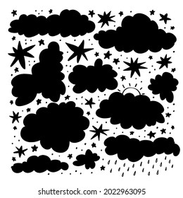 Collection of clouds. A set of silhouettes of various stars, sun and raindrops. Thunderclouds, cloudy weather. Vector illustration of hand drawn sky silhouettes on white background.