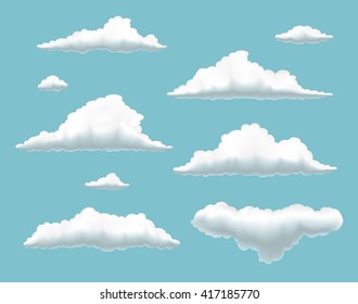 collection of clouds in  summer  blue sky, set of volumetric clouds on blue background,  set of cartoon clouds