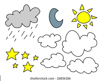 Collection of clouds, sun, moon, and stars.