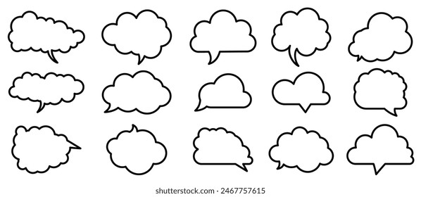 Collection of cloud-shaped speech bubble outlines in various styles. Perfect for creative designs, comics, and social media graphics to express thoughts and dialogue.