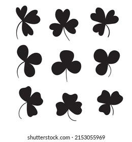 collection of clover, St. Patrick's day icons isolated on white. black silhouette shape
