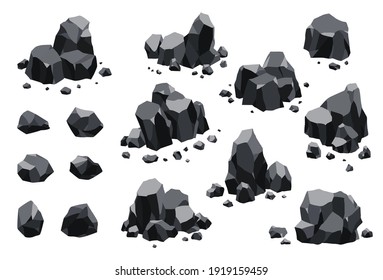 Collection of coal black mineral resources. Pieces of fossil stone. Polygonal shapes set. Black rock stones of graphite or charcoal. Energy resource charcoal icons svg