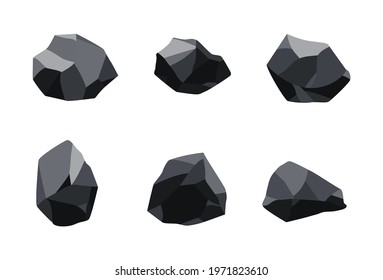 Collection of coal black mineral resources. Pieces of fossil stone. Polygonal shapes set. Black rock stones of graphite or charcoal. Energy resource charcoal icons