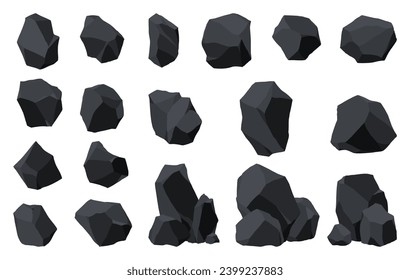 Collection of coal black mineral resources. Pieces of fossil stone. Polygonal shapes set. Black rock stones of graphite or charcoal. Energy resource charcoal icons