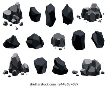 Collection of coal black mineral resources. Pieces of fossil stone. Polygonal shapes set. Black rock stones of graphite or charcoal. Energy resource charcoal icons