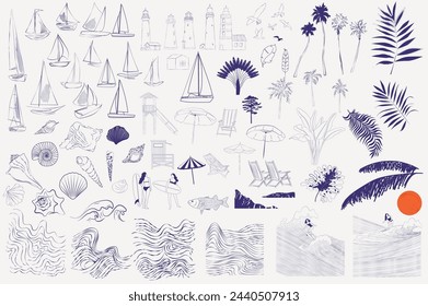 Collection of Coastal elements. Linear summer elements. Yachts, wave, palm, sea shells, lighthouses. Editable vector illustration.