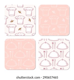 Collection of coasters templates for food design with chef hat and serve dish. Vector illustration
