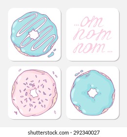 Collection of coasters templates for food design with hand drawn delicious donuts. Doodle vector illustration