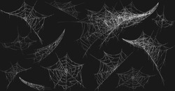 Collection De Cobweb, Isolée Sur Fond Noir, Fond Transparent. Spiderweb Pour Le Design D'Halloween. Des éléments De Toile D'araignée, Un Décor Effrayant, Effrayant, Horreur, Halloween. Silhouette Dessinée à La Main, Illustration Vectorielle