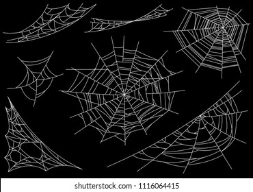 Collection of Cobweb, isolated on black, transparent background. Spiderweb for Halloween design. Spider web elements,spooky, scary, horror halloween decor. Hand drawn silhouette, vector illustration