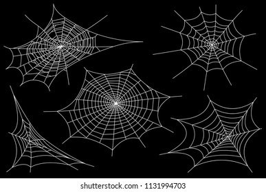 Collection of Cobweb, isolated on black, transparent background. Spiderweb for Halloween design. Spider web elements,spooky, scary, horror halloween decor. Hand drawn silhouette, vector illustration