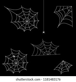 Collection of Cobweb, isolated on black background. Spiderweb for Halloween design. Spider web elements,spooky, scary, horror halloween decor. Silhouette, vector illustration